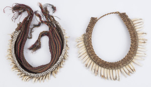 Two tribal headdress pieces, dog tooth and pig's tooth with fibre, shell, cane and string, Papua New Guinea, 
