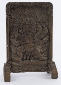 Shadbhuja Mahakala Tibetan carved stone table screen, reverse adorned with verse, 19th/20th century, ​24cm high