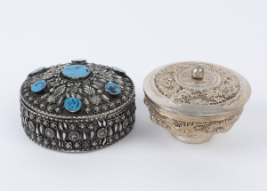 Two Chinese silver finished lidded bowls with dragon and pierced decoration, late Republic period, 10cm and 9.5cm diameter