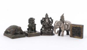 Three assorted Chinese bronze seals, Qing Dynasty; together with a silver Ganesh seal and a silver elephant statue, (5 items), the largest 6cm long