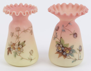 THOMAS WEBB QUEEN'S BURMESE: Two glass vases with floral decoration and frilled rims, late 19th century, ​10.5cm high