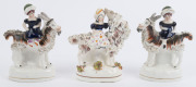 Three antique English Staffordshire pottery statues of girls riding goats, early 19th century, ​the largest 16cm high