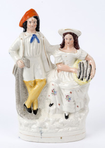 The Fisherman and Wife antique Staffordshire pottery figural group, 19th century, 26.5cm high