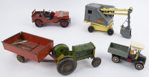 LOUIS MARX/LUMAR: pressed steel toy digger/excavator, length 32cm, height 17cm; LOUIS MARX pressed steel "Willy's Jeep" with retractable bonnet, length 28cm; also METTOY (UK) pressed steel Tractor and Trailer (length 44cm) and a SHIOJI (Japan) Model T For