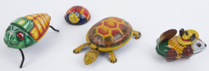 TIN PLATE WIND-UP CREATURES: Japanese made group comprising YONE Hopping Chipmunk, Turtle/Tortoise (no maker's mark), LINEMAR wind-up Beetle (with key), also KASHIWAI 'Lucky Toy' friction-action beetle; largest (tortoise) length 13cm, c.1950s. (4)