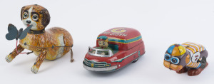 JAPANESE MADE TIN LITHO TOYS: with MODERN TOYS friction action 'Magic Car' (length 14cm); drawstring-action Dog chasing Butterfly (in working order) with maker's 'F'-in circle monogram (length 22cm); also YONI wind-up 'Hopping Monkey' (length 10cm). (3 it