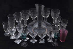 Assorted antique and vintage glass ware and a carafe, 19th and 20th century, the carafe 26cm high