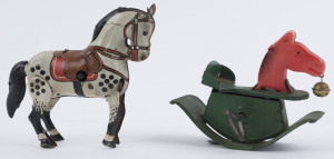 TIN PLATE HORSES: with wind-up rocking Hobby Horse with celluloid horse's head (missing the celluloid boy rider), made in Japan, c.1934; ​also tin litho wind-up Prancing Horse (no key), likely made by DRGM (US Zone, Germany), c. late 1940s; both 9cm lengt