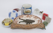 Sundry items including two porcelain dogs, meat platter, glass match holder, French porcelain jardinière etc, 19th and 20th century, (15 items), the platter 40cm wide