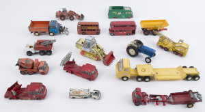 DIE CASTS - TRUCKS, BUSES, CONSTRUCTION & FARM VEHICLES: pre-loved selection of items with DINKY London red buses (2), TONKA truck and flat-bed trailer, CORGI JCB Crawler/Loader; many others, some incomplete, varying degrees of paint loss; c.1960s-70s. (1