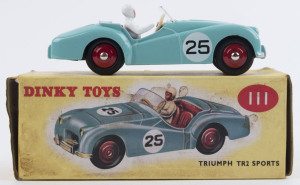 DINKY DIE CASTS - TRIUMPH TR2 SPORTS: Model #111 finished in turquoise blue with maroon interior and hubs, racing number '25', length 8.5cm, as new in box. Modern re-issue.