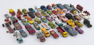 DIE CAST CARS: large quantity of mostly cars with TEKNO (Denmark) Volvo PV544-822, CORGI Mercedes-Benz 220 SE Coupe, DINKY Telephone Service Van model #261, other by MATCBOX/LESNEY, TONKA, MATTEL, etc; also few trucks & tanks and a few parts; mixed condit