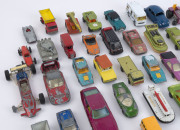 DIE CAST CARS: large quantity of mostly cars with TEKNO (Denmark) Volvo PV544-822, CORGI Mercedes-Benz 220 SE Coupe, DINKY Telephone Service Van model #261, other by MATCBOX/LESNEY, TONKA, MATTEL, etc; also few trucks & tanks and a few parts; mixed condit - 2