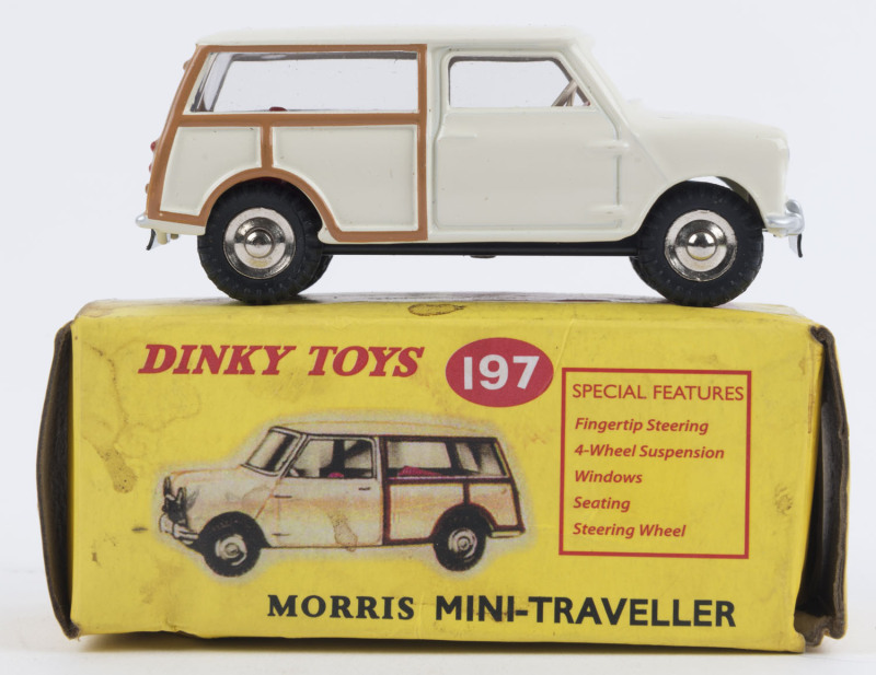 DINKY DIE CASTS - MORRIS MINI-TRAVELLER: Model #197 finished in creamy white with brown trim and red interior, length 7cm, as new in the original box (soiled). Modern re-issue.