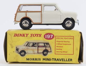 DINKY DIE CASTS - MORRIS MINI-TRAVELLER: Model #197 finished in creamy white with brown trim and red interior, length 7cm, as new in the original box (soiled). Modern re-issue.