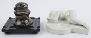 An antique ceramic inkwell together with a Russian porcelain figural Art Deco ashtray, 19th and 20th century, (2 items), the ashtray 18cm wide