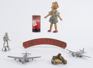 BALANCE OF A VINTAGE TOY CONSIGNMENT: with wooden doll (height 20cm) with articulated limbs, 'ZZ' Toys (Germany) tin litho motorcycle and sidecar, DINKY/MECCANO cast metal 'York' & 'Viscount' airplanes, tinplate 'National Savings' post box, Combined Cadet