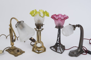 Four assorted table lamps with glass shades, early 20th century. NOTE: All wired to British and European standards, the largest 36cm high