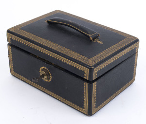 An antique leather bound jewellery box with royal blue velvet lift-out interior, 19th century, 11cm high, 19cm wide, 4cm deep