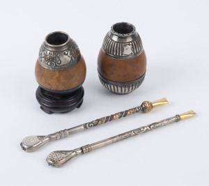 Two Argentinian maté straws with gourd beakers, silver with gold plated mounts, 20th century, ​the larger 21cm high