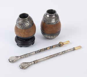 Two Argentinian maté straws with gourd beakers, silver with gold plated mounts, 20th century, the larger 21cm high
