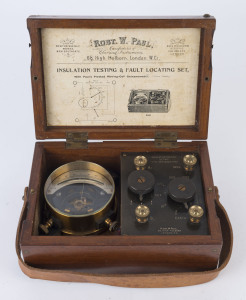 INSULATION TESTING AND FAULT LOCATING SET with Paul's pivoted moving coil galvanometer stamped "ROBT. W. PAUL", late 19th century. 13cm high, 26cm wide, 18cm deep