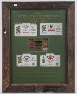 "JIM BEAM KENTUCKY STRAIGHT BOURBON WHISKEY 200 YEARS OF FAMILY CRAFT 1795-1995" commemorative framed display made from the timbers salvaged from the original Jim Beam distillery in Kentucky U.S.A. framed 82 x 64cm overall