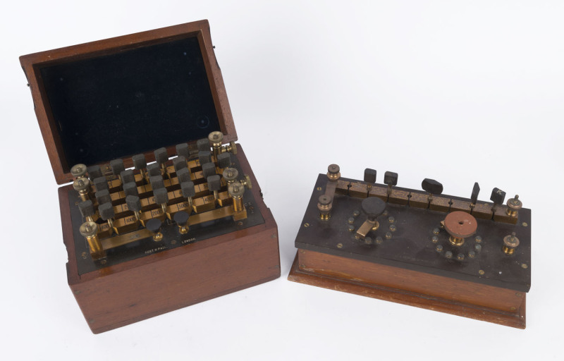 Two Network Frequency Control Switches on mahogany bases by "Muirhead & Co. Westminster", and "Robert W. Paul" of London, late 19th century, the cased example 25cm wide