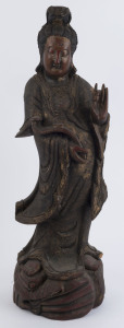 A Chinese Guanyin statue, carved wood with polychrome lacquer finish, 20th century, 85cm high