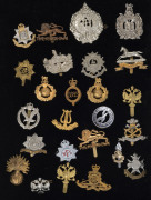 CAP BADGES: group of mostly WWI era British badges including King's Own Scottish Borderers, Argyll and Sutherland Highlanders, West Yorkshire Regiment, Bedfordshire & Hertfordshire Regiment, Gloucester Regiment/Egypt, etc; odd duplicate. Nice variety. (25