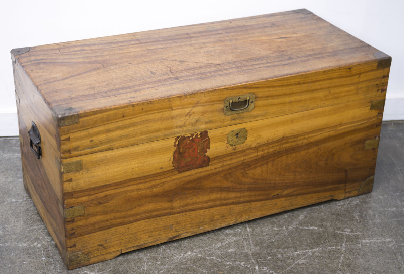 An antique blanket box trunk, camphorwood with bound edges, 19th century, 44cm high, 94cm wide, 45cm deep