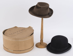 A vintage English bowler hat together with hat box, hat stand and felt hat, (4 items), 20th century