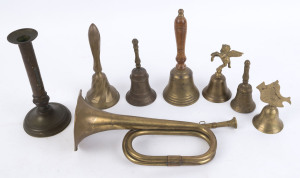 Six assorted brass bells, antique candlestick and bugle, 19th and 20th century, (8 items), ​the bugle 31cm long