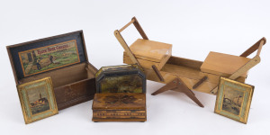 A pair of Florentine miniature prints, sewing tidy, inlaid timber box, MacRobertson's vintage tin and an "ELITE TOOL CHESTS FOR BOYS" timber box, 20th century, (6 items), the sewing tidy 30cm wide