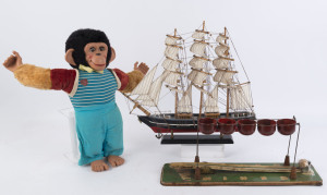 A vintage CHILTERN English monkey doll, a tin plate "Snapball" set and a reproduction model tall ship, 20th century, (3 items), the monkey 52cm tall