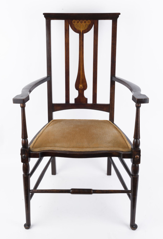 An antique English Arts & Crafts salon chair with marquetry inlaid back, circa 1900, 