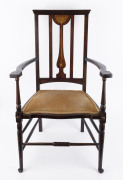 An antique English Arts & Crafts salon chair with marquetry inlaid back, circa 1900, 