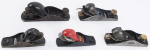 Five assorted block planes including STANLY 9½ and STANLEY No.102, the largest 18.5cm long