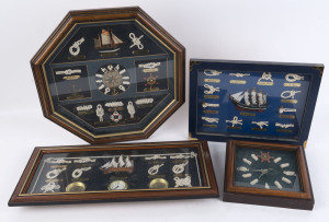 Four framed maritime sailor's knots displays with clocks and weather station, late 20th century, octagonal example 49cm high