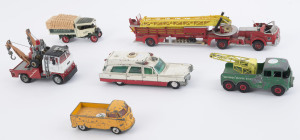 CORGI/DINKY/MATCHBOX: 1960s-70s die cast service vehicles or trucks with CORGI 'Major' series Aerial Rescue Tractor (length 28cm) & Ford 'Holmes Wrecker' (length 11cm), Volkswagen pick-up truck (paint loss); DINKY Superior Rescuer on a Cadillac chassis, M