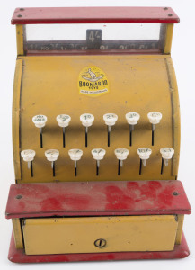​BOOMAROO TOYS (AUSTRALIA): vintage toy cash register, constructed from jointed metal, painted in red and mustard-yellow, drawer opens and bell rings when sales lever is depressed, height 19cm, width 17cm, depth 18cm; paintwork in well above-average condi