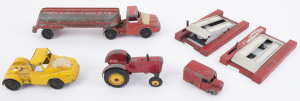 LONESTAR (ENGLAND): die cast tractor unit with low loader trailer, and a fuel tanker (both 22.5cm length); MICRO MODELS (Goodwood, Australia) Repair Hoists (2) each length 12.5cm; CORGI Massey-Harris tractor and MATCHBOX/LENEY Trojan No. 47 Van; c.1940s-5