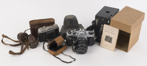 Small range including Kodak No.2A Brownie in box with manual; a Pentax Spotmatic in ERC with Takumar 1.4/50mm lens; a Kodak Retina 1a with light meter and view finder. Mixed condition.
