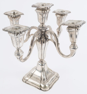 A German silver five branch candelabra, 20th century, stamped "835" with crown and crescent mark. Sealed and weighted base, 31cm high