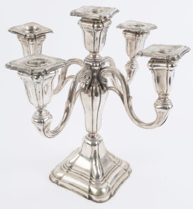 A German silver five branch candelabra, 20th century, stamped "835" with crown and crescent mark. Sealed and weighted base, ​31cm high