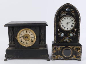 SESSIONS American mantel clock, early 20th century. Ebonised case with bronzed spelter mounts and 8 day time and gong striking movement; together with an American cast iron lancet form mantel clock with black Japanned finish applied with mother of pearl a