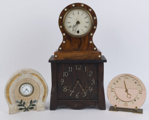 SESSIONS American Arts & Crafts mantel clock with applied silvered brass Arabic numerals, fitted with an 8 day time and strike movement, early 20th century. Together with a walnut balloon cased time only mantel clock decorated with mother of pearl and bra