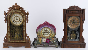 Three American clocks in timber and porcelain cases, late 19th century, (3 items), ​the largest 52.5 cm high.