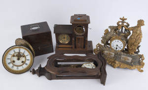 For the Horologist restorer, an INVERTO No.18 staking set made by KENDRICK & DAVIS, and three clocks for restoration with a French clock movement, late 19th and early 20th century, (5 items). The staking set missing some stakes and jewelling attachments, 