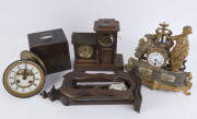 For the Horologist restorer, an INVERTO No.18 staking set made by KENDRICK & DAVIS, and three clocks for restoration with a French clock movement, late 19th and early 20th century, (5 items). The staking set missing some stakes and jewelling attachments,